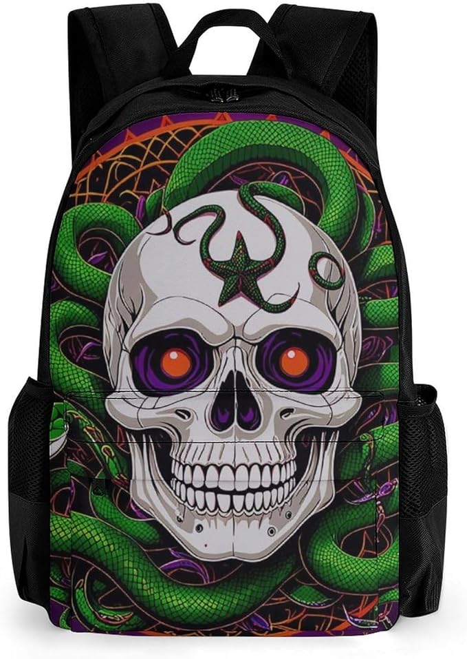Men Women Polyester Medusa Skull Green Snake Art Daypack Big Capacity Shoulder Bag With Smooth Zippers for Hiking Work Walking Cycling