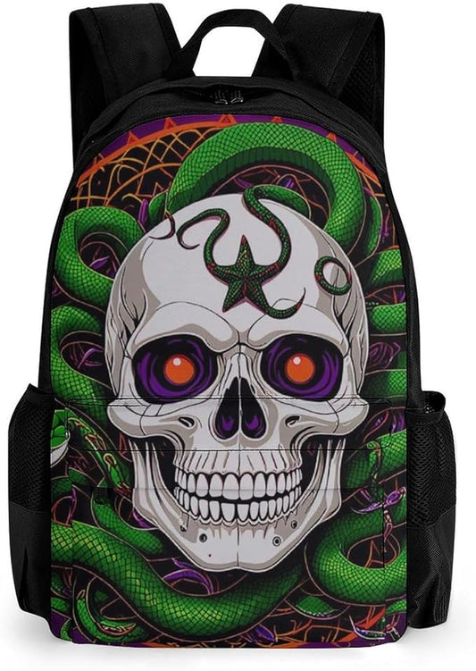 Men Women Polyester Medusa Skull Green Snake Art Daypack Big Capacity Shoulder Bag With Smooth Zippers for Hiking Work Walking Cycling