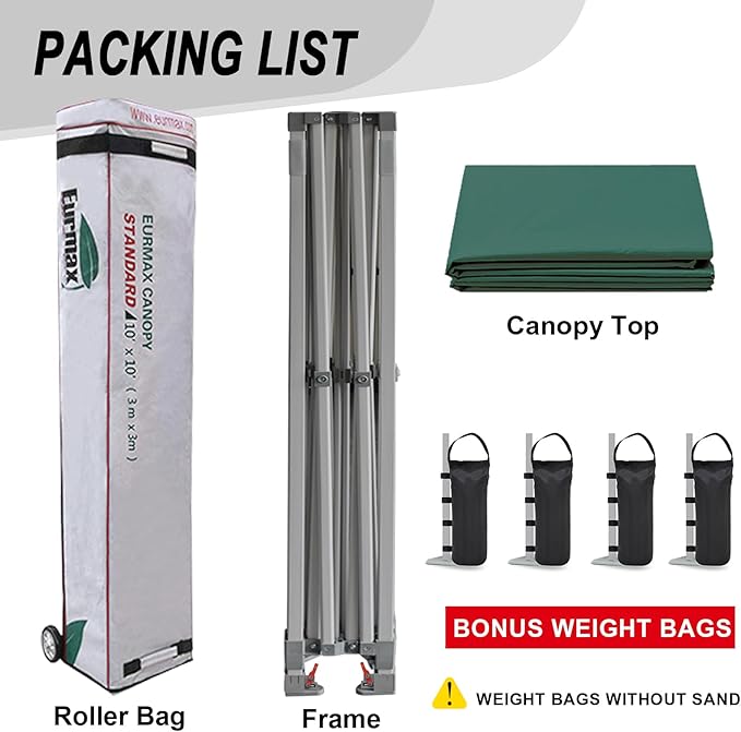 Eurmax USA Standard 10x10ft Patio Pop Up Canopy Tent for Outdoor Events Commercial Instant Canopies with Heavy Duty Roller Bag,Bonus 4 Canopy Sand Bags (Forest Green)