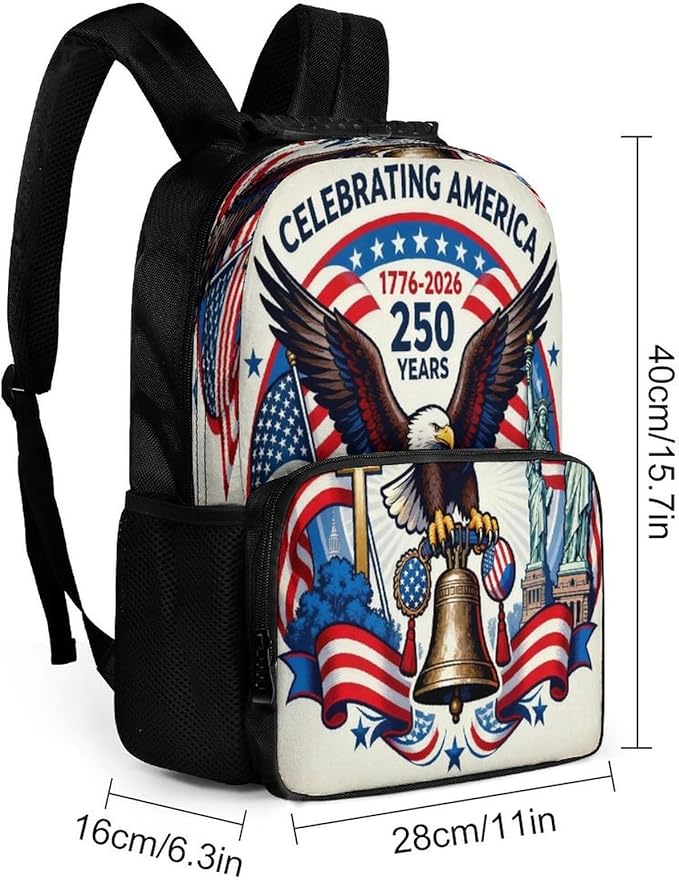 Men Women Polyester 250th Anniversary Freedom Eagle Art Casual Daypack Large Capacity Carry On Bag With Adjustable Shoulder Straps for Camping Work Running