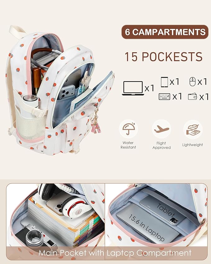 Laptop School Backpack for Teen Girls Women 15.6 Inch Cute College Backpacks Large Elementary Middle High School Bag Kids Student Strawberry Bookbag Anti Theft Travel Casual Daypack (Beige-Strawberry)