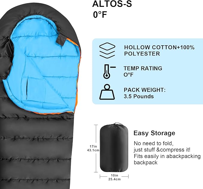 KAMPKEEPER Mummy Sleeping Bag for Adults,3-4 Seasons Cold Weather,Waterproof,Lightweight,Non-Snag Zipper with Adjustable Hood Perfect for Backpacking, Hiking,Camping