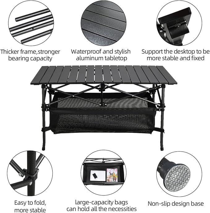 Lightweight Aluminum Folding Camping Table (37.13” x 21.57” x 19.69”), Portable Roll-Up Design for Outdoor, Camping, Beach, BBQ, Patio, and Picnic, Durable & Waterproof with Carrying Bag