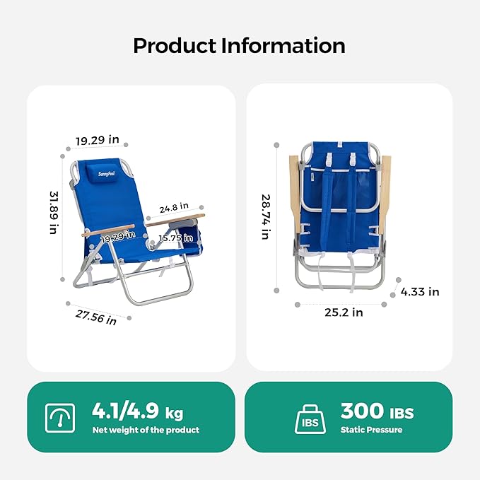 SUNNYFEEL Low Back Folding Beach Chair, Aluminum Heavy Duty Beach Chair with 3 Reclining Position, Portable Camping Chair for Adults with Wood Armrest, Lightweight Camping Chair 300lbs, Blue