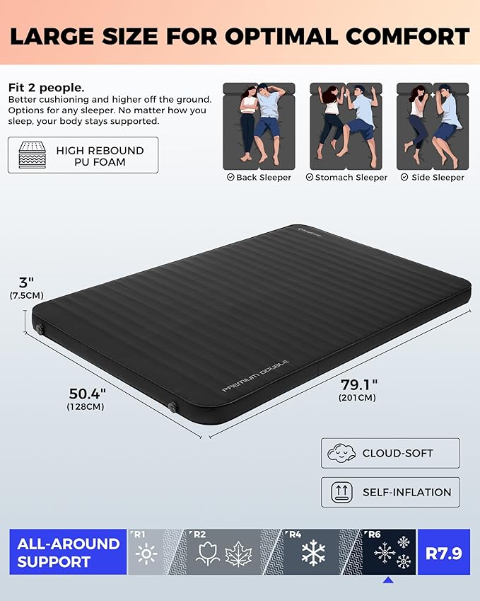 KingCamp Self Inflating Sleeping Pad, R 7.9 Air & Foam Camping Mattress 2 Person, 3" Thick Full Size Double Sleeping Pad with Pillow for Camp Tent Outdoor Car, PVC Free (Black)