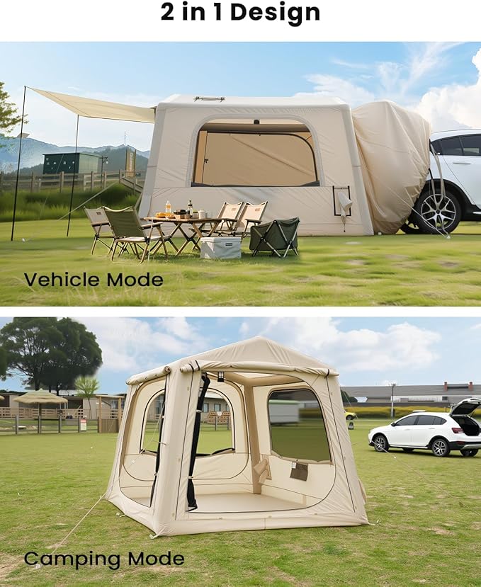 Inflatable SUV Tents for Camping, Pop Up Car Tent, Large SUV Tent Attachment for Camping, 2 in 1 Inflatable Tents Attach to Back Car with AC Port - Khaki