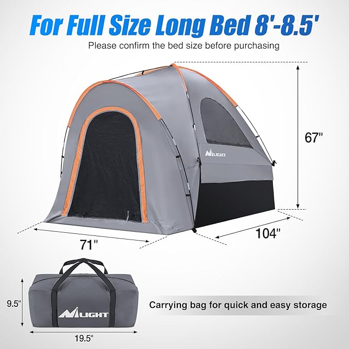 Nilight Truck Bed Tent 8-8.5 FT Pickup Truck Tents with Rainfly Waterproof PU2000mm Double Layer for 2-Person Portable Full Size Long Tailgate Bed Tent for Truck Camping Outdoor Travel, Orange Grey