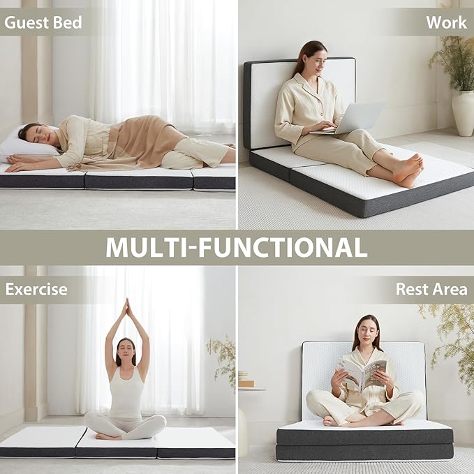 Tri Fold Memory Foam Foldable Mattress Queen, 3 inch Folding Mattress for Guest Sleep. Portable Trifold Mat with Removable Washable Cover, Floor Sleeping Mat for Adult and Kid