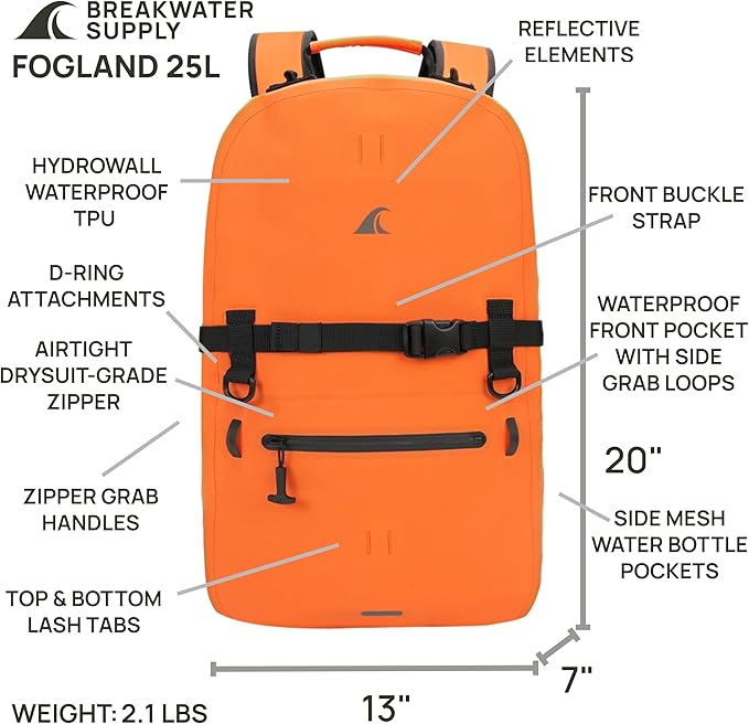 Breakwater Supply™ Fogland Waterproof IP68 Submersible Backpack with Airtight Zippers | Laptop Travel Outdoors | 25L 20L 15L | 100% Waterproof, Submersible, Airtight Zippers, Travel Outdoors