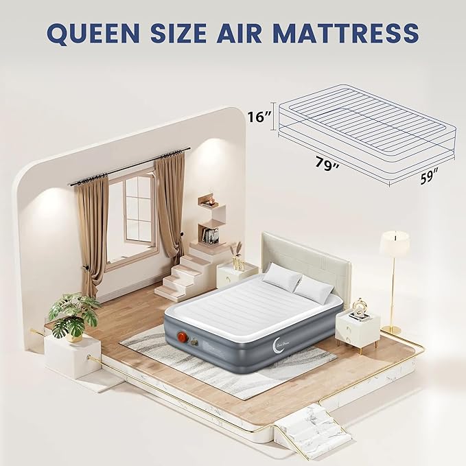 LunaDream Eclipse Series Queen Air Mattress with USB Rechargeable Built-in Pump, Wireless Inflatable Airbed, Durable Leakproof Design, Portable for Home & Camping