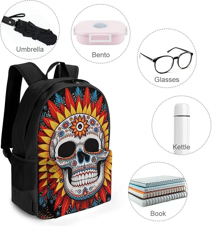 Supdreamc Men Women Polyester Sugar Skull Sun Backpack Large Capacity Bookbag With Smooth Zippers for Climbing Picnic Bicycle