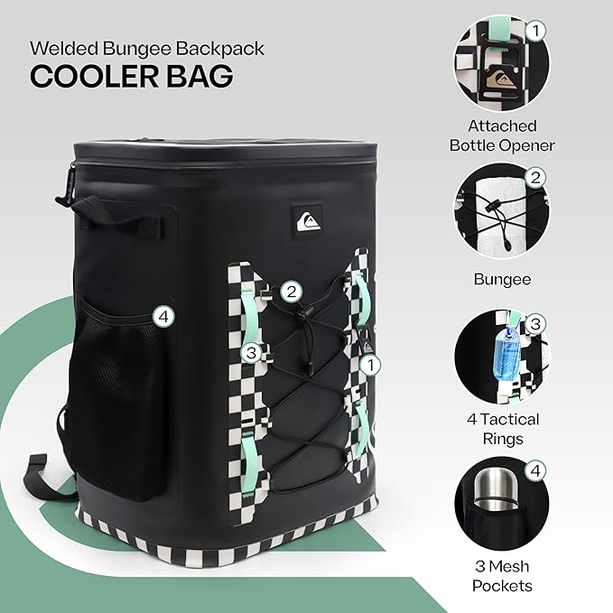 Quiksilver Welded Bungee Backpack Cooler, 30L/36 Cans, 48-72 Hours Insulation, Leakproof & Waterproof IPX7 Rated, Heavy-Duty 600D TPU, Adjustable Straps