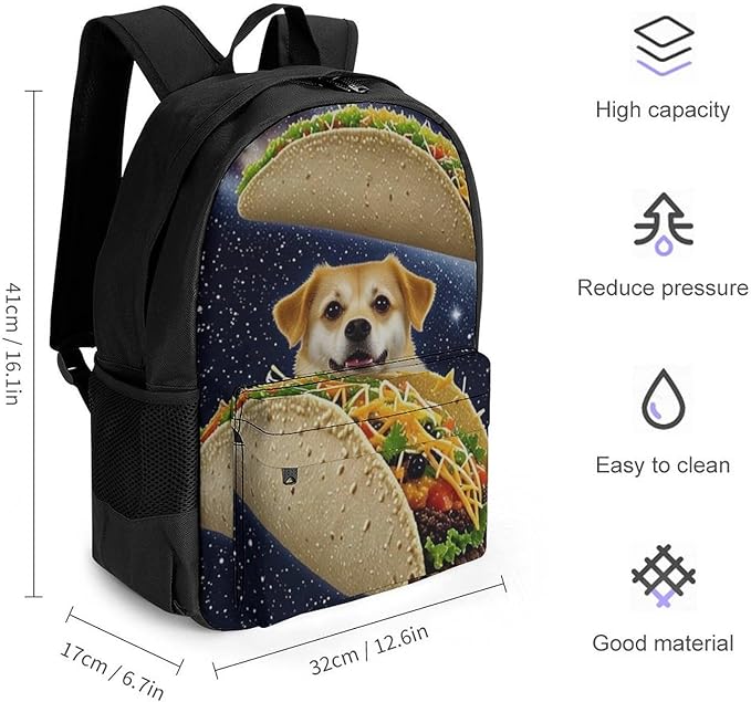 Supdreamc Men Women Lightweight Space Funny Corgi Dog Pizza Taco Casual Daypack Big Capacity Bookbag With Padded Straps for Gym Travel Walking Cycling