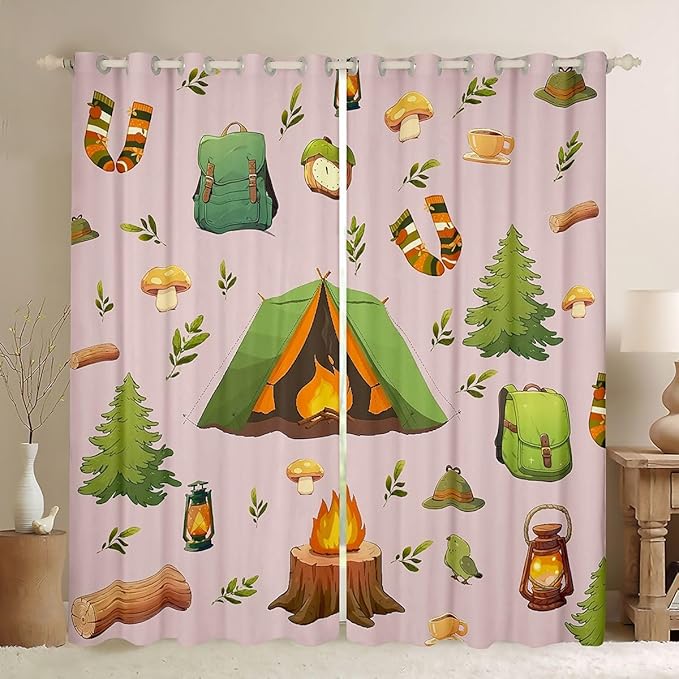 Feelyou Pink RV Camping Camper Curtains for Bedroom Living Room Camping Theme Blackout Shades Camper Room Darkening Curtain Window Treatments, 2 Panels 42 x 84 Inch Decor