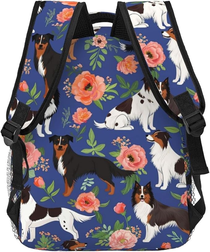 Men Women Polyester Australian Shepherd Dogs Flowers Daypack Bookbag Big Capacity Shoulder Bag With Padded Straps for Climbing Travel Walking Cycling