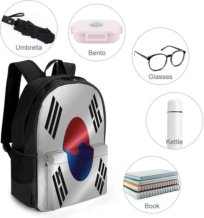 Men Women Polyester Flag Of South Korea Daypack Backpack Large Capacity Carry On Bag With Smooth Zippers for Hiking Picnic Walking Cycling