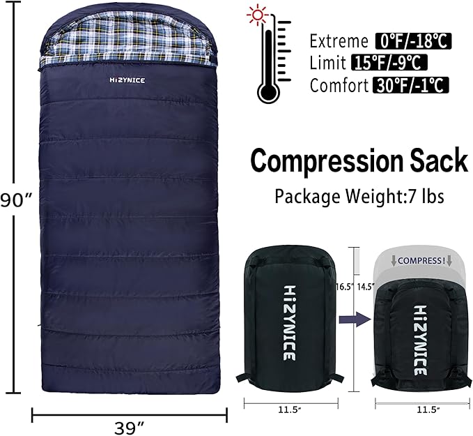 Cold Weather Sleeping Bag 100% Cotton Flannel XXL for Adults Big and Tall,Free Compression Sack