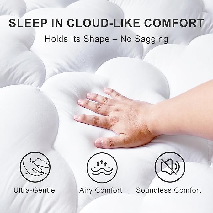 1 Inch Quilted Mattress Pad Pillow Top Mattress Cover Protector Cooling Soft for Breathable Padded Deep Pocket 8-21 Fitted Supportive(White,Queen Size)