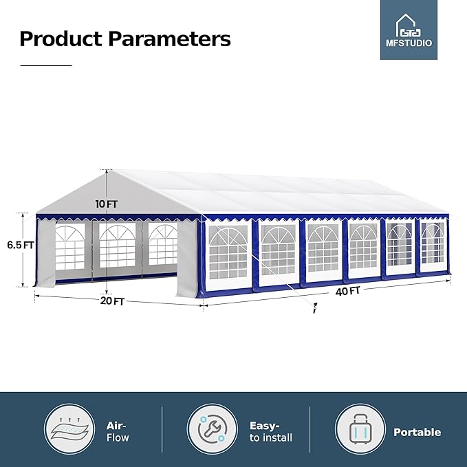 MFSTUDIO 20'x40' Party Tent, Outdoor Heavy Duty Party Tents with Removable Sidewalls, Large Canopy Tent Shelter for Outdoor Events Wedding Birthday, Blue