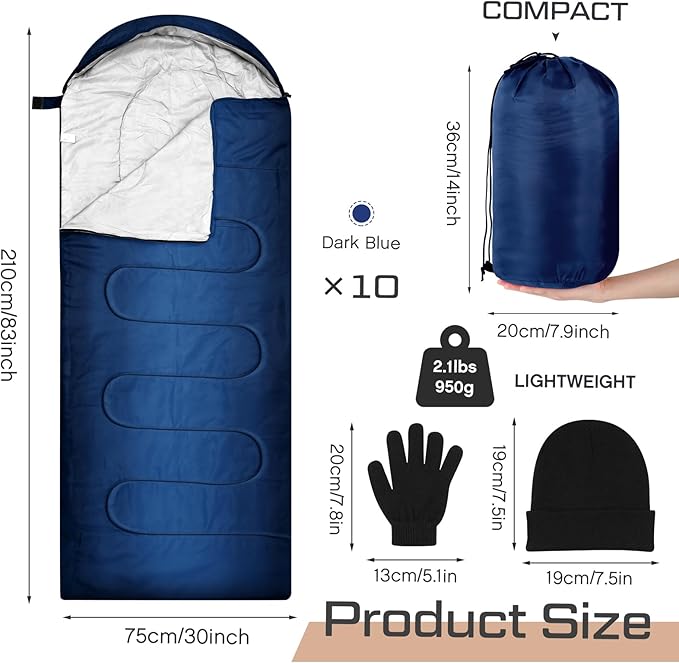 Tranqun 30 Pcs Cotton Liner Camping Sleeping Bags for Adult with Winter Beanies Gloves Sleeping Bag Waterproof Warm Lightweight for Backpacking Camping Indoor Outdoor Homeless