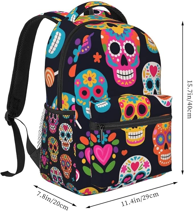 Shoulder Book Bags Anti-Theft Multipurpose Big Capacity Bookbag, Mexican Sugar Skulls Travel Hiking Backpack With Smooth Zippers