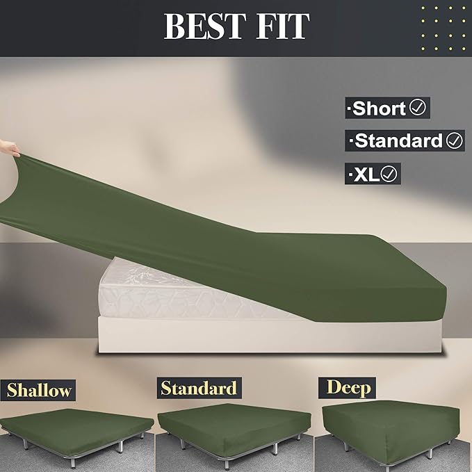 Soft Stretch King Size Fitted Sheet Only - Jersey Knit & Cozy T-Shirt Like, 4-Way Stretchy Snug Fit & Wrinkle Free, No More Slipping Mattress Sheets - Dark Olive Green, King