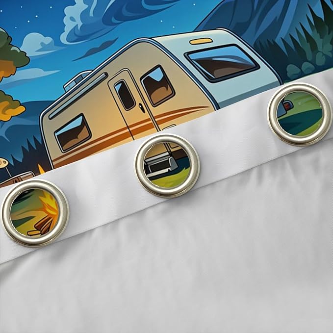 Manfei Happy Camping Blackout Curtains Camper Trailer Bonfire Tent Window Drapes,Adventure Theme Window Treatments,Kids Boys Girls Room Decor,Grommet Top 2 Panel Set Bedroom Curtains, 42Wx63L inch