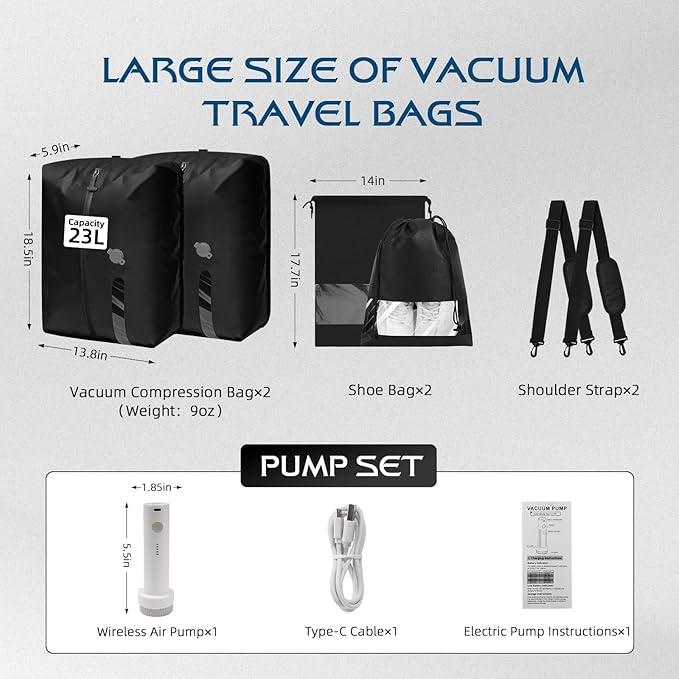 Vacuum Travel Bags With Pump,Vacuum Seal Bags For Clothing Travel,Ip67 Waterproof Vacuum Bags For Travel,Compression Packing Cubes With Suitcase, Luggage,Backpack (2pcs + Pump+Shoe Bags)