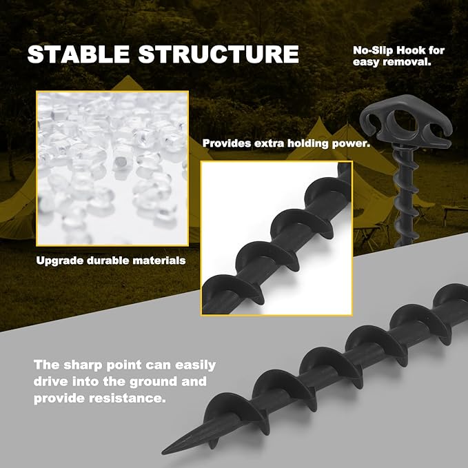 Tent Stakes Ground Anchors Screw in, 16 Pack Sand Stakes for Beach 9.4 Inch Heavy Duty Spiral Tent Pegs for Camping, Party, Hiking, Outdoor Decoration (16, Black)