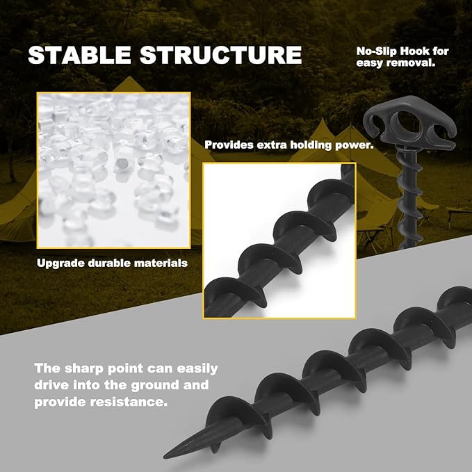 Tent Stakes Ground Anchors Screw in, 6 Pack Sand Stakes for Beach 9.4 Inch Heavy Duty Spiral Tent Pegs for Camping, Party, Hiking, Outdoor Decoration (6, Black)