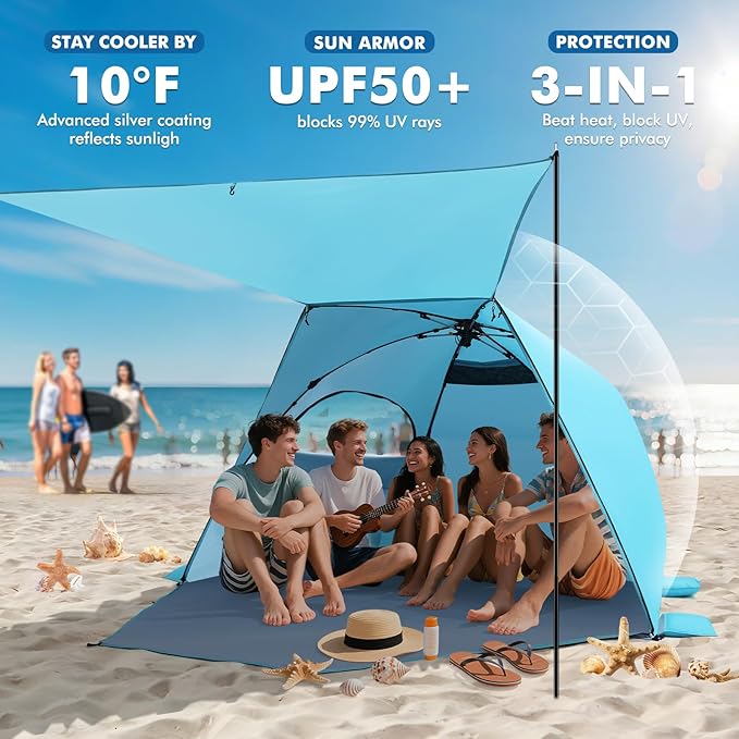 Elegear CumbreX™ Beach Tent with Canopy 4-6 Person, 1-Second Umbrella-Style Setup Pop Up Sun Shelter Shade, UPF 50+ UV Protection Four-Layer Silver-Coated Lightweight Portable Beach Cabana - Aqua Blue