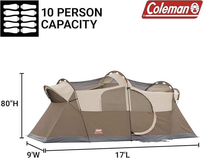 Coleman WeatherMaster 10-Person Camping Tent with Rainfly & Room Divider, Spacious Weatherproof Family Tent with Carry Bag