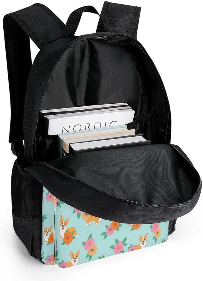 Lightweight Backpack for Gym Travel Bicycle, Big Capacity Multipurpose Anti-Theft Carry On Bag, Corgi Dogs Flowers Floral Travel Hiking Bag Day Pack