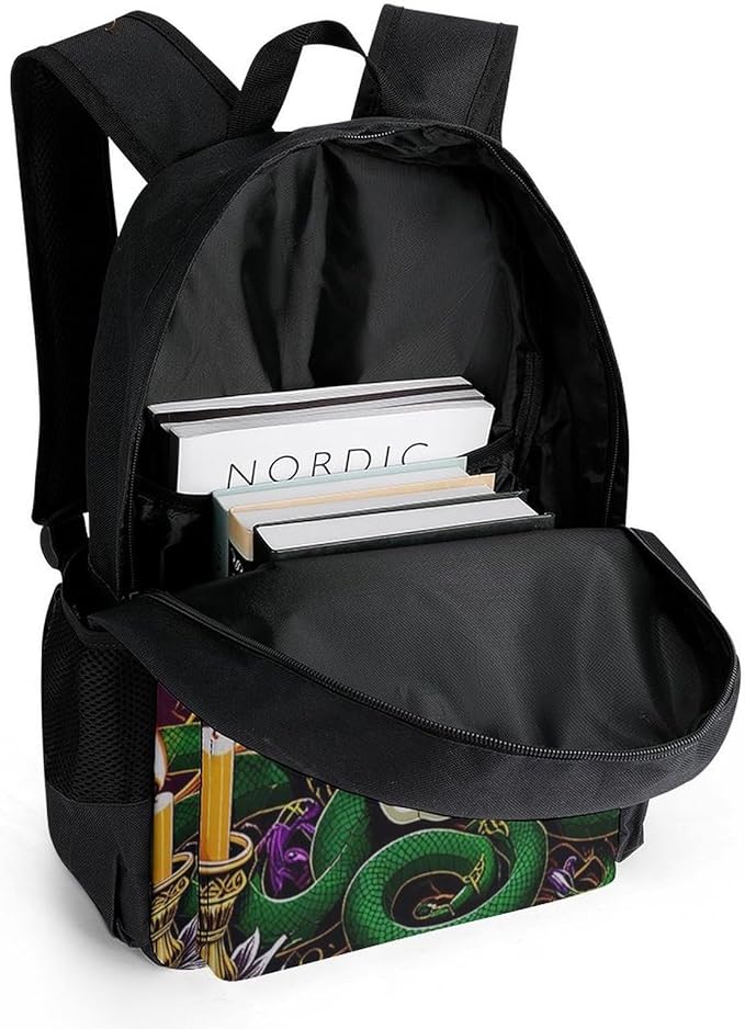 Supdreamc Women Men Polyester Medusa Skull Green Snake Art Casual Daypack Large Capacity Bookbag With Side Pockets for Sports Picnic Walking Cycling