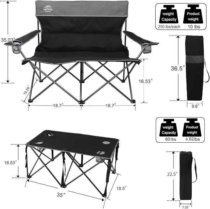 Oversized 4 Pcs Camping Chair Set with Table,Outdoor Folding Heavy Duty Lawn Chair,Cup Holder,Portable,Loveseat Chair Perfect for Family Hiking,Picnics and Beach Trips,Black