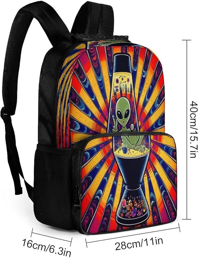 Men Women Lightweight Trippy Tie Dye Alien Casual Daypack Big Capacity Bookbag With Padded Straps for Gym Travel Walking Cycling