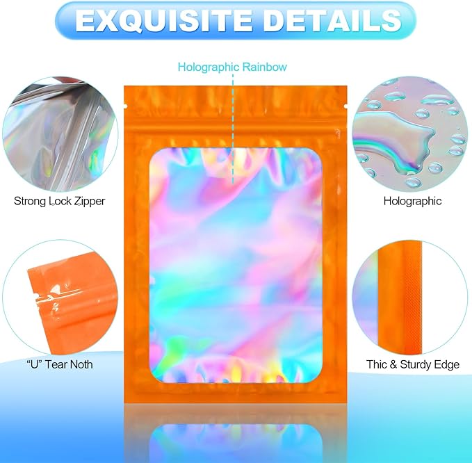 100 Pack Smell Proof Bags- Resealable Mylar Holographic Packaging Pouch Bag with Clear Window for Food Storage Eyelash Jewelry Electronics Storage (Orange, 3.5 x 4.7 Inch)