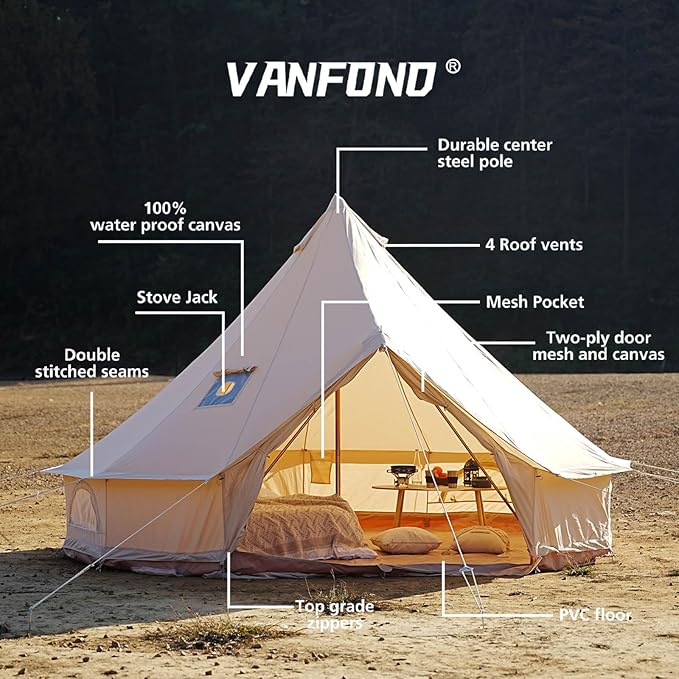 Canvas Bell Tent With Stove Jack - Waterproof and Breathable Yurt, Glamping Tent With Detachable Groundsheet for Camping Party