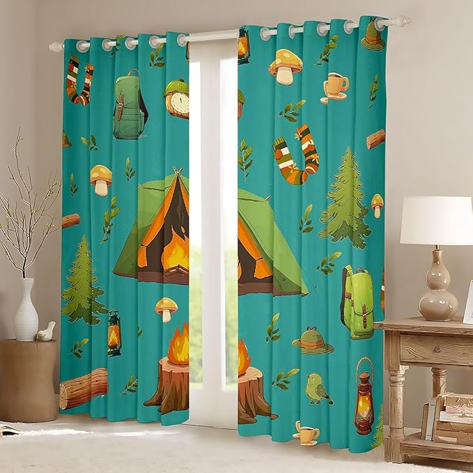 Feelyou Green RV Camping Camper Curtains for Bedroom Living Room Camping Theme Blackout Darkening Drapes Camper Window Treatments, 2 Panels 52 x 63 Inch Room Decor