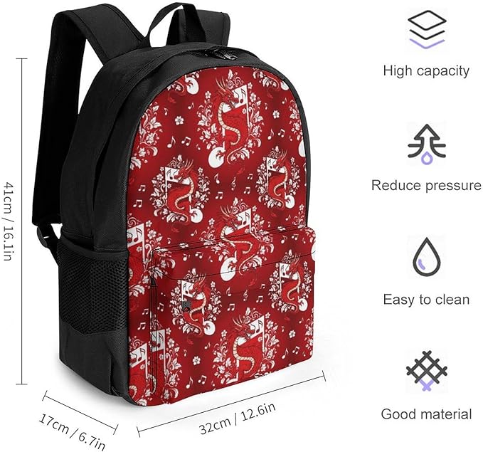 Polyester Daypack for Hiking Work Running, Big Capacity Anti-Theft Multipurpose Shoulder Bag, Music Note Dragon Cherry Flower Blossom Red Art Travel and Sport Backpack Rucksack