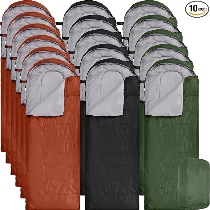 Macarrie 10 Pcs 0 Degree Camping Sleeping Bags Bulk for Adults Cold Weather 4 Season Warm Sleeping Bag with Compression Sack for Homeless Donation Shelter Emergency Hiking