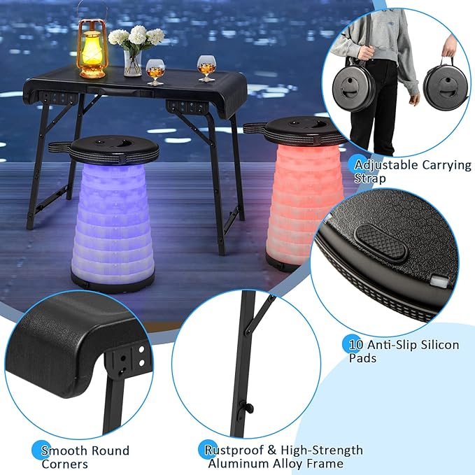 Tangkula 3 Piece Camping Set, Folding Table with 2 Collapsible LED Stools, Carry Handle, Portable & Lightweight for Outdoor Hiking Camp Picnic Fishing
