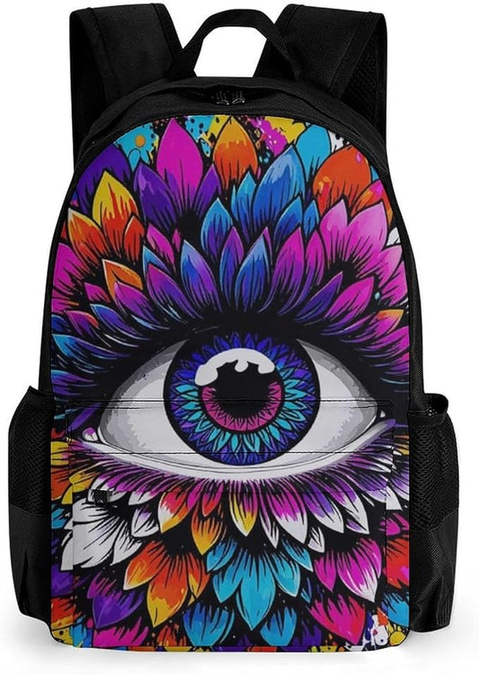 Men Women Lightweight Psychedelic Trippy Eye Lotus Art Backpack Large Capacity Carry On Bag With Padded Straps for Sports Work Walking Cycling