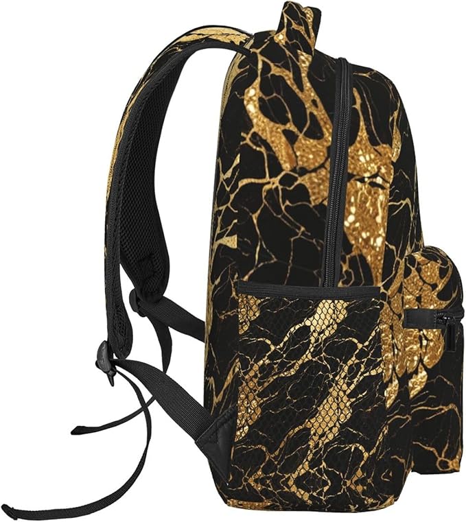 Men Women Lightweight Black Marble Gold Texture Art Casual Daypack Large Capacity Bookbag With Adjustable Shoulder Straps for Gym Business Bicycle