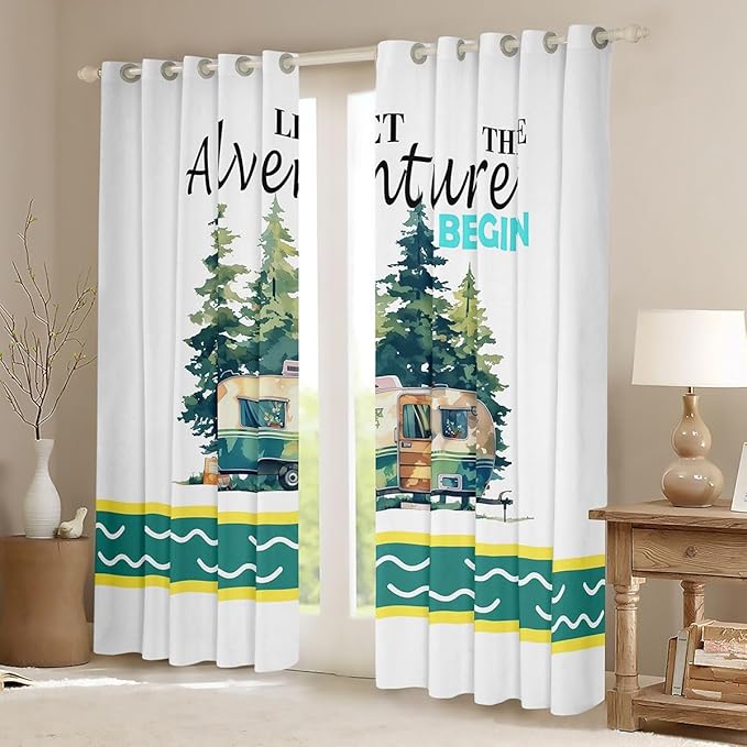 Happy Camping RV Kids Blackout Curtains,Camper Trailer Nature Adventure Boys Girls Room Decor,Pine Tree Rustic Farmhouse Window Drapes,Country Green 2 Panels,42Wx90L inch