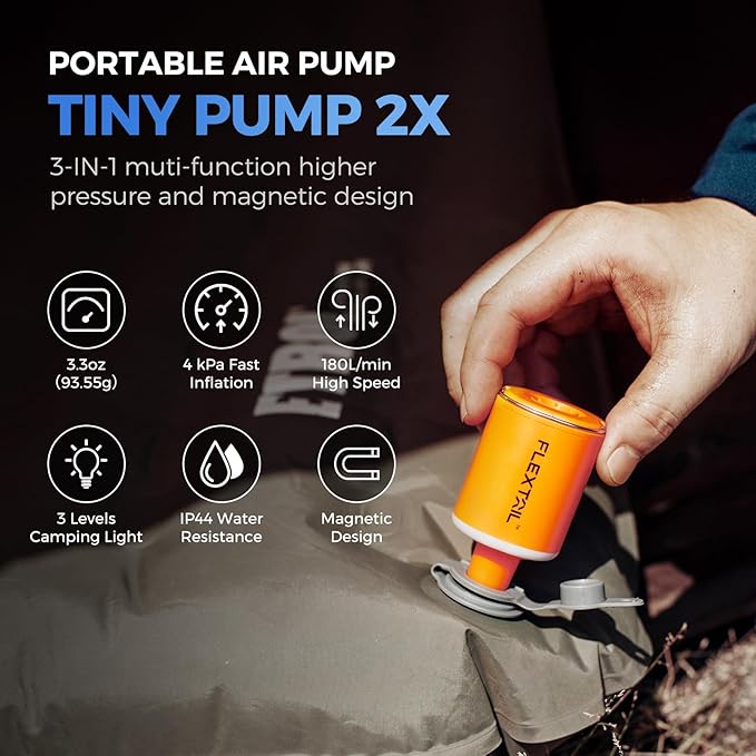 FLEXTAILGEAR Portable Air Pump with Camping Lantern Tiny Pump 2X 4kPa Air Pump for Inflatables Rechargeable Air Mattress Pump with Magnetic Design for Sleeping Pads, Pool Floats, Swimming Rings(White)