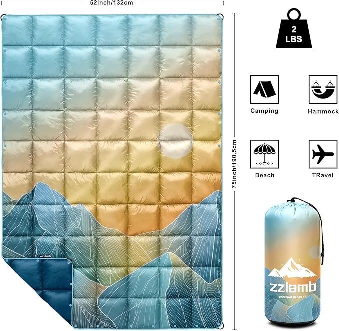 zzlamb Camping Blanket, Outdoor Lightweight Travel Blanket Puffy Portable Down Alternative, Windproof Warm Cloak with Snaps, Cozy Quilt Backpacking Picnic RV Plane Car Hammock Beach Climbing