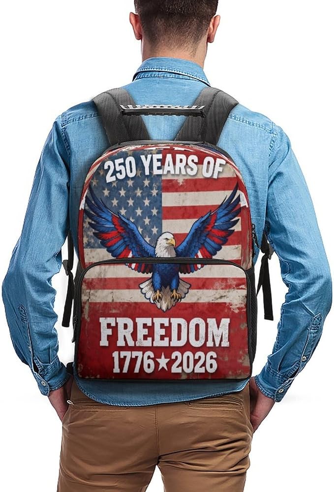 Men Women Polyester 250th Anniversary 1776-2026 Patriotic Eagle Art Daypack Bookbag Big Capacity Shoulder Bag With Padded Straps for Climbing Travel Walking Cycling