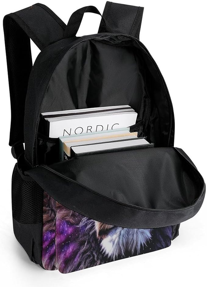 Polyester Daypack for Camping Travel Walking Cycling, Big Capacity Anti-Theft Multipurpose Bookbag, Lion Starry Night Moon Scenery Camping Outdoor Backpack