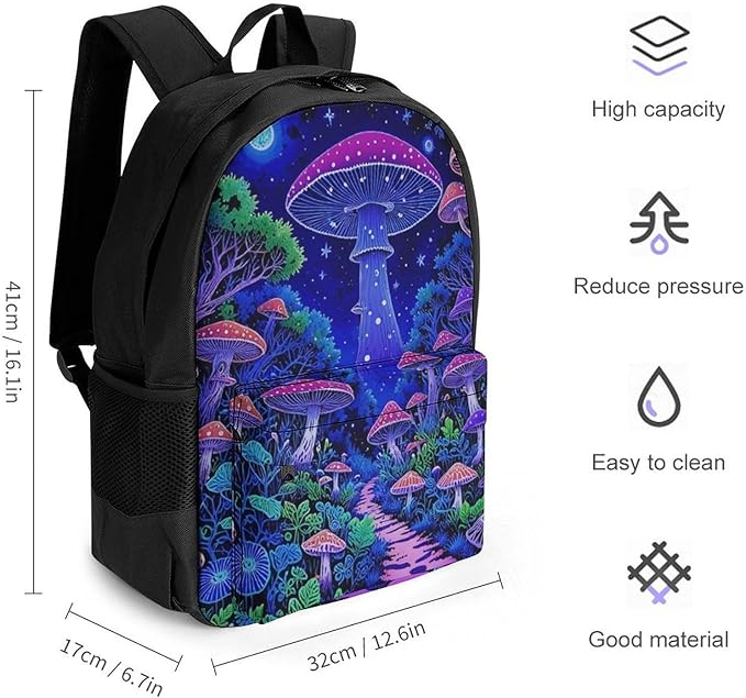 Supdreamc Rucksack Polyester Anti-Theft Multipurpose Magic Mushroom Neon Purple Pattern Bookbag Big Capacity Travel and Sport Backpack Rucksack With Side Pockets